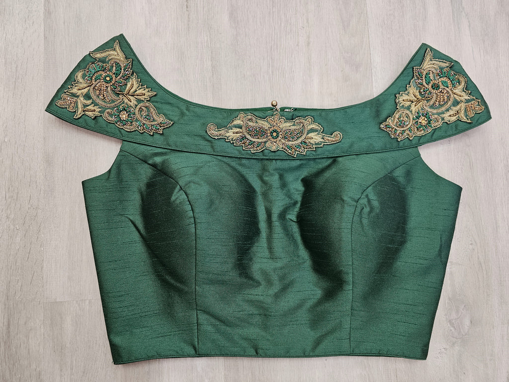 Bottle Green Boatneck Blouse with Zardosi Work on Front and back