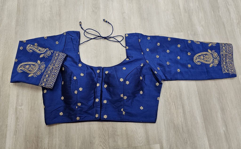 Royal Blue Blouse with Golden Embroidery Work