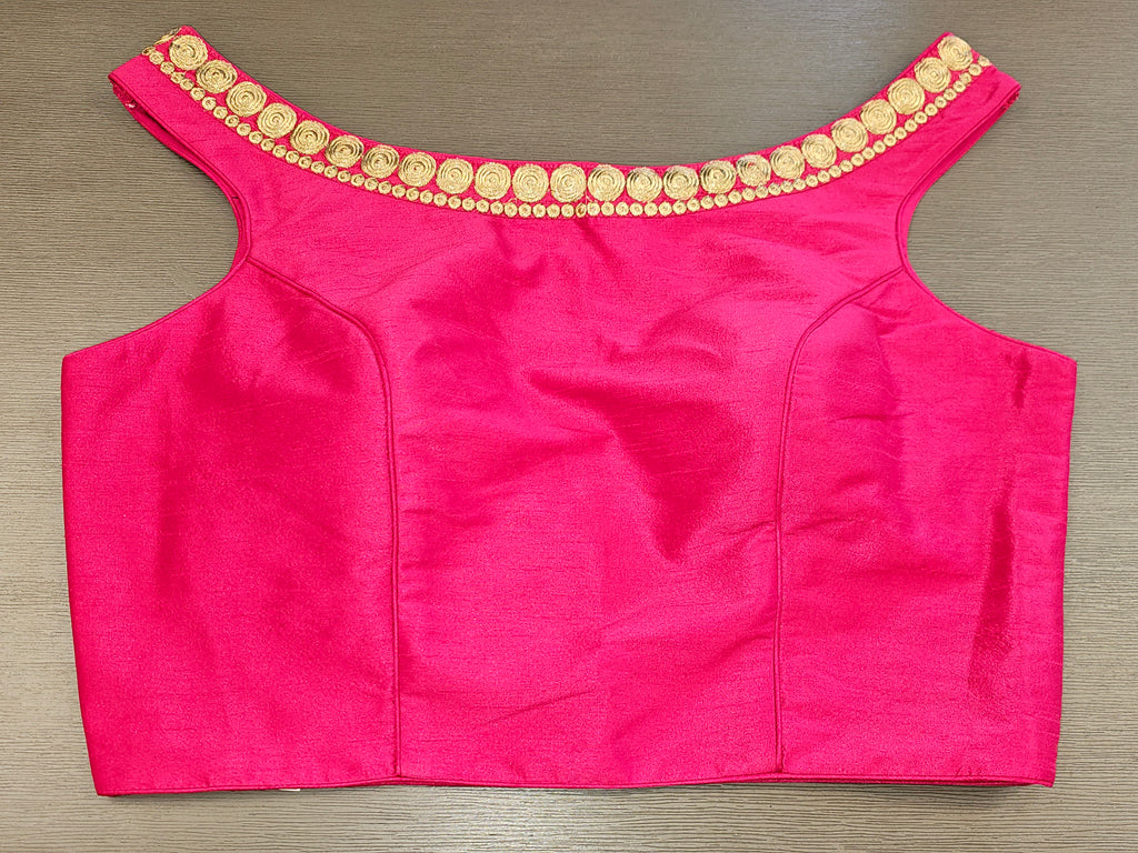 R200 - Pink Silk Boatneck Blouse with Golden work on neckline