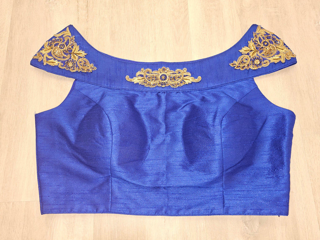 Royal Blue Boatneck Blouse with Zardosi Work on Front and back