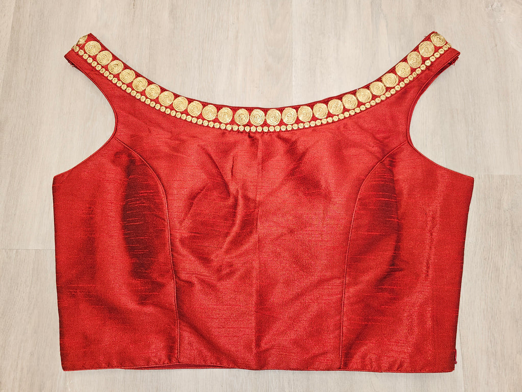 Dark Red Silk Boatneck Blouse with Golden work on neckline