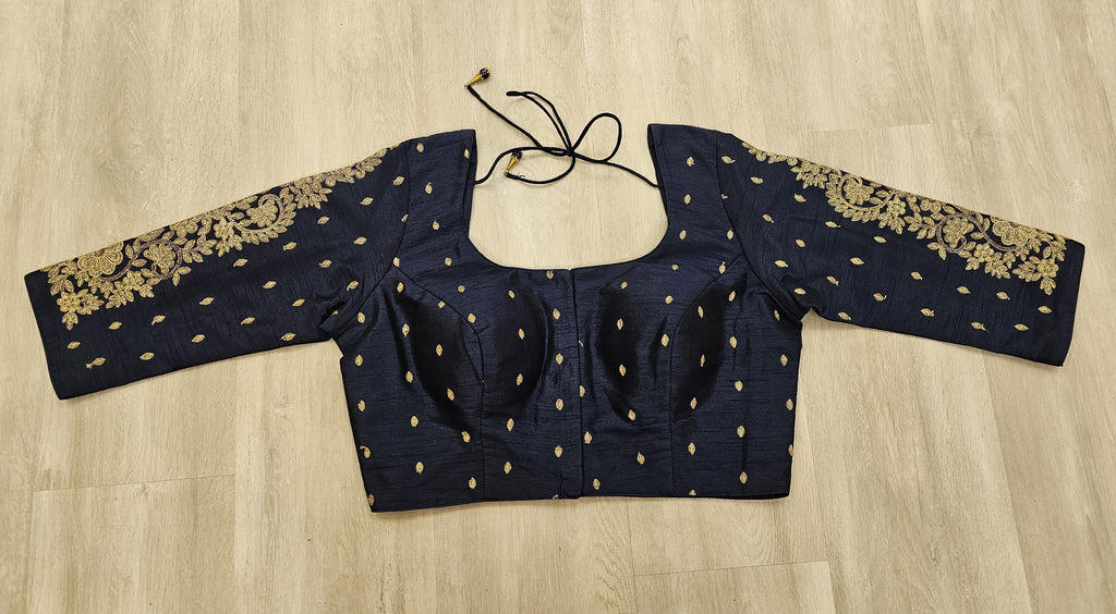 Dark Blue Embroidered Blouse with 3/4 Length Sleeves