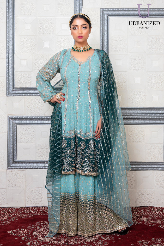 UBWS2369 Blue Sharara Suit with Sequin Golden Embroidery and Dupatta