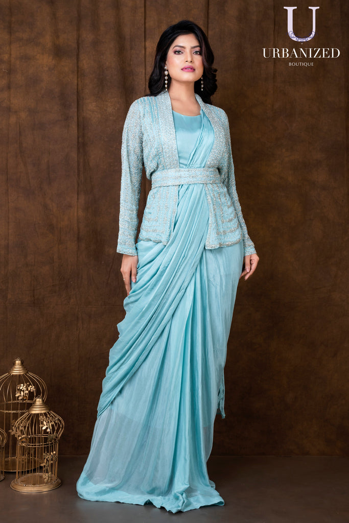 UBWR98341 Pastel Blue Pre-Stitched Saree with Embroidered Jacket & Waist Belt