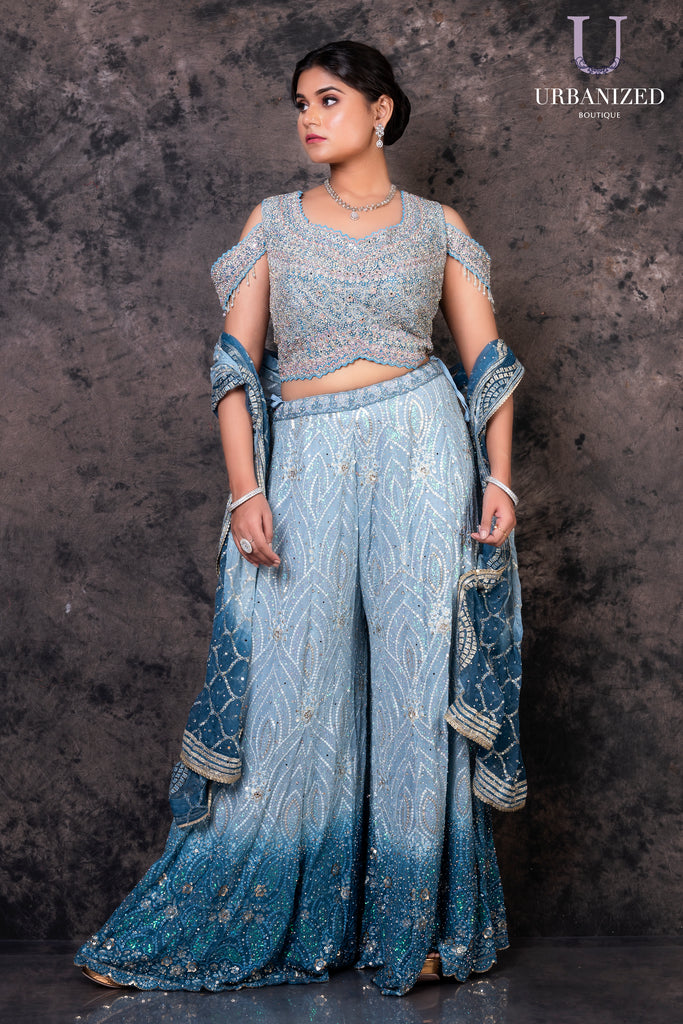 UBWS2355 Blue Embroidered Sharara with Embroidered Cold Shoulder Blouse & Dupatta