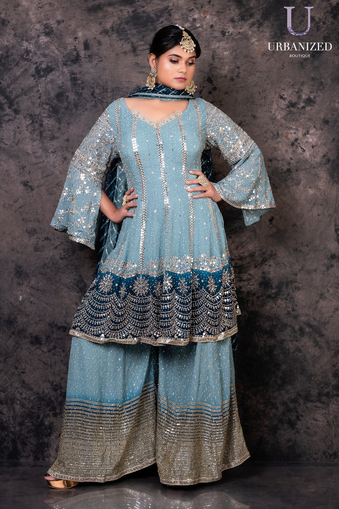 UBWS2369 - Livid Blue-Grey Sharara Suit with Sequin Golden Embroidery and Dupatta