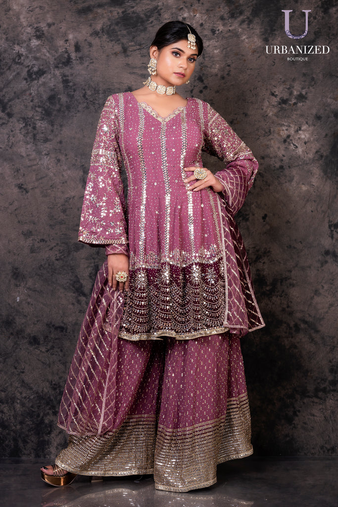 UBWS2369 Rose Wine Sharara Suit with Sequin Golden Embroidery and Dupatta