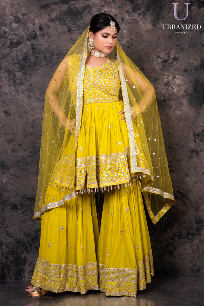UBWS2359 Yellow Sharara Suit with Heavy Embroidery work on Top and Bottom