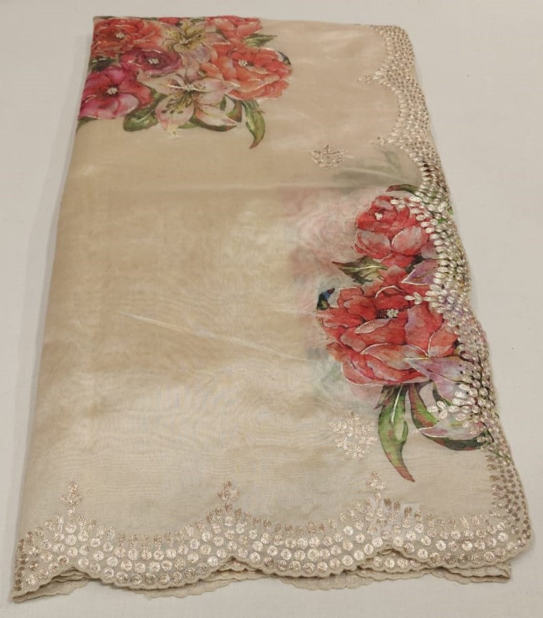 UBS013 - Beige Organza Hand Painted Saree with Embroidery