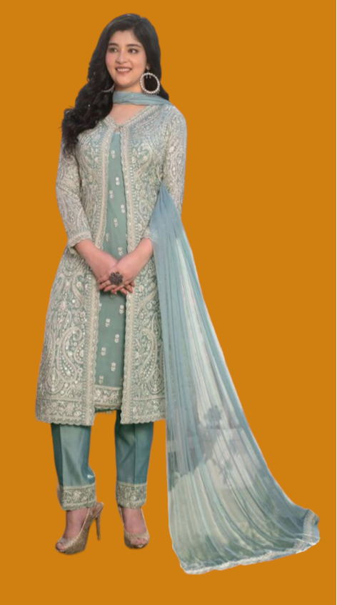 Kurta Set with Straight Pant and Lucknowi Embroidered Shrug