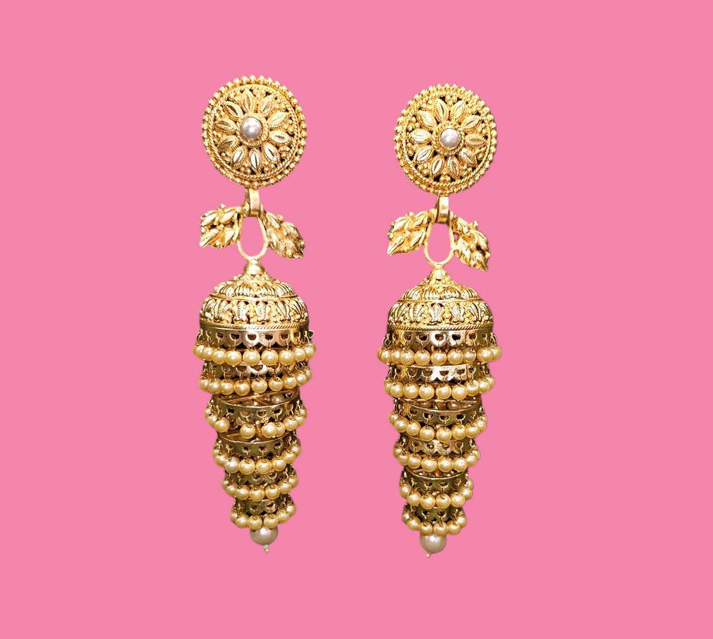 Gold Finish Jhumki with Pearl Drops