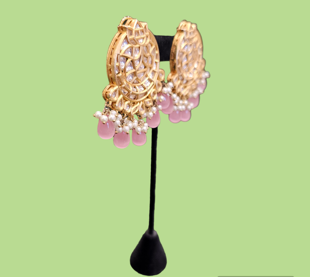 Gold Finish Kundan Earrings with Pink Drops