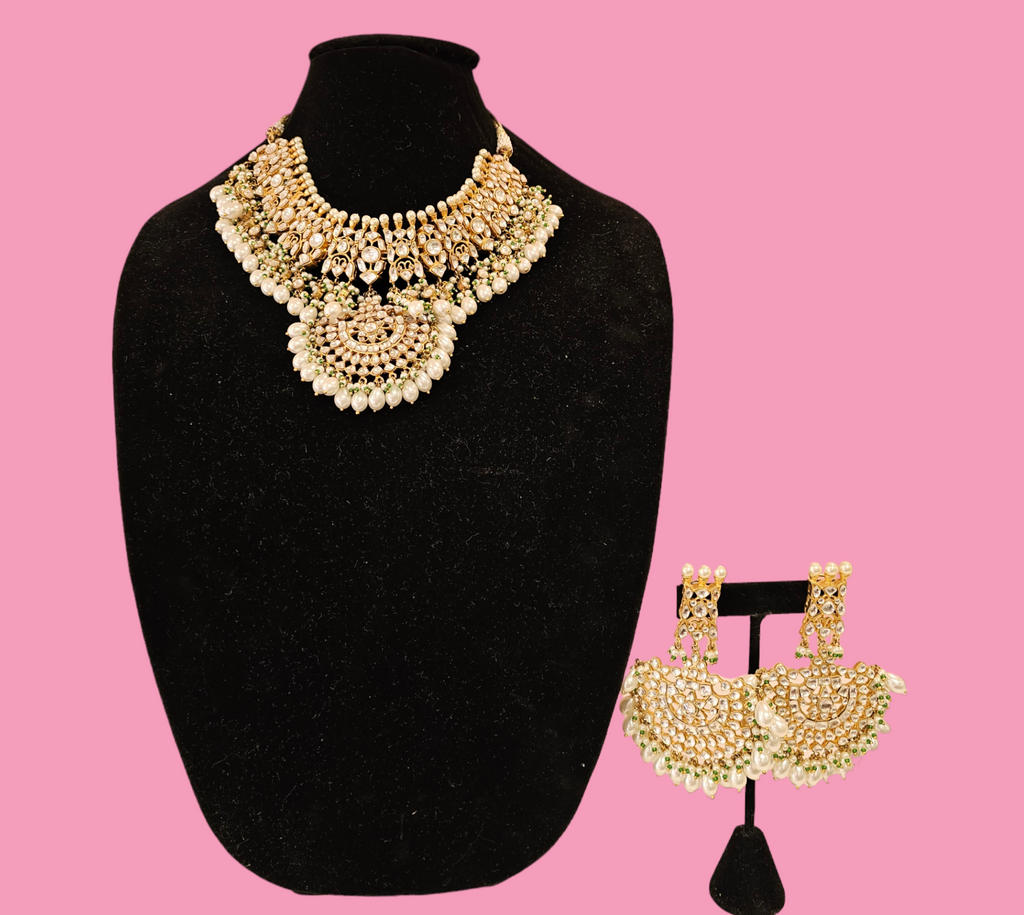 Gold Finish Kundan Necklace Set with Green Pearl Drops