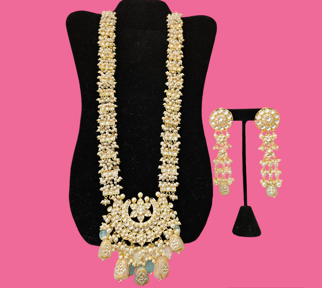 Long Gold Finish Kundan and Pearl Drops Necklace with Earrings Set