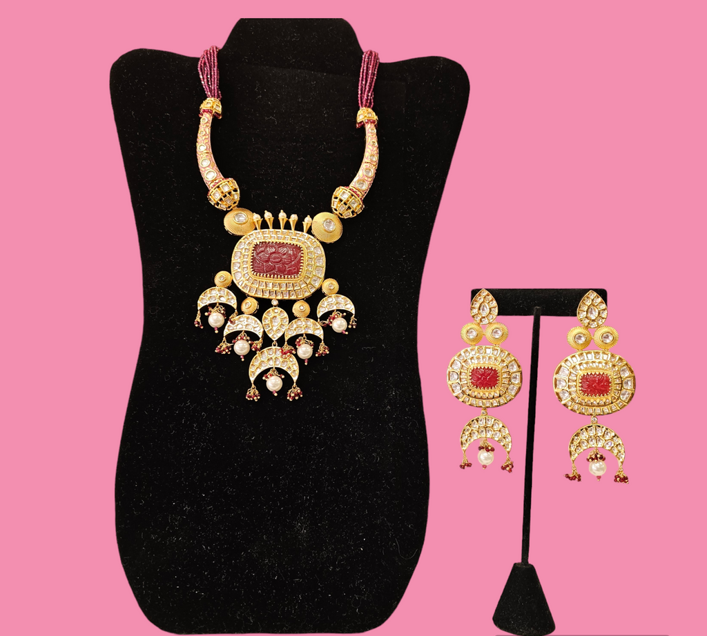 Gold Finish Maroon Kundan Necklace with Earring Set
