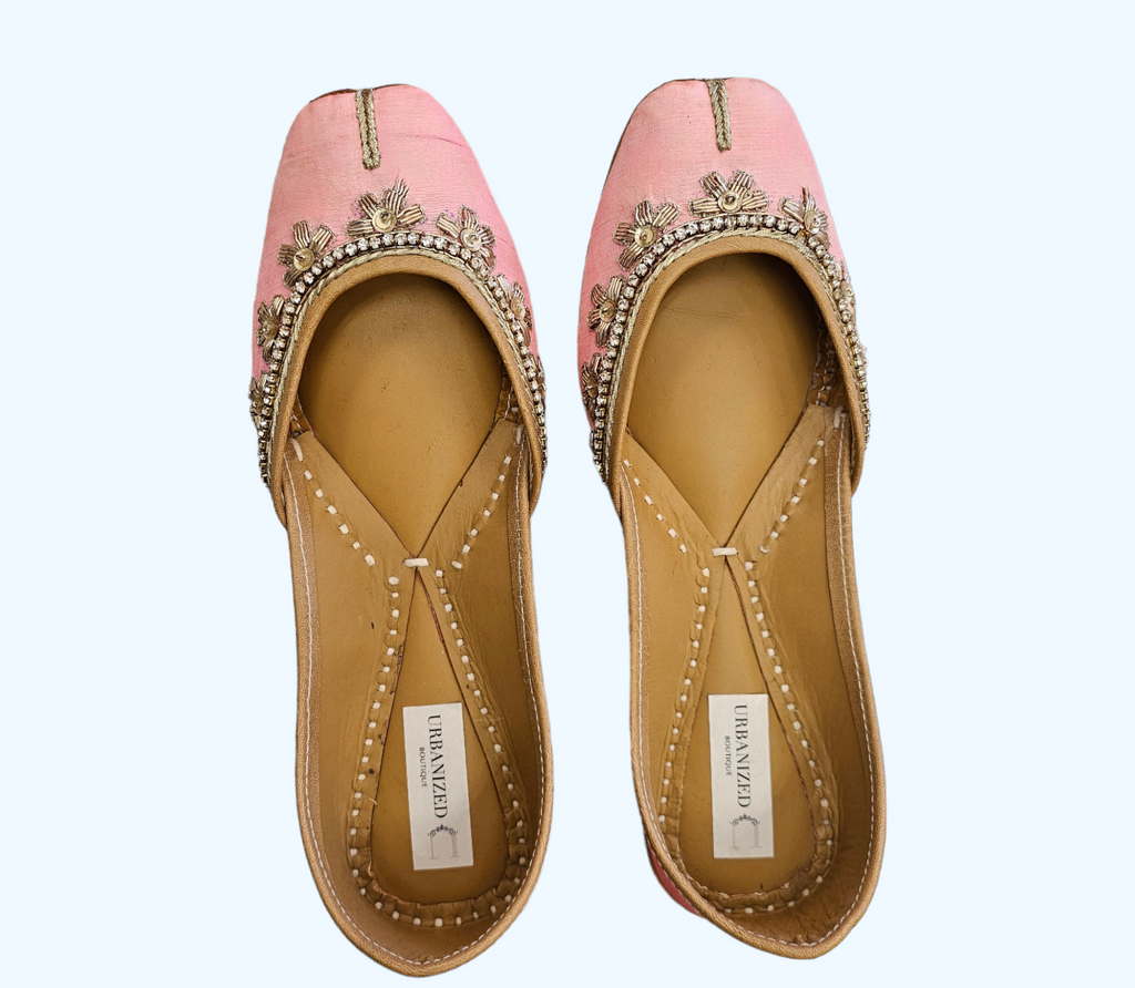 Pink Silk Juttis with Embroidery and Stones