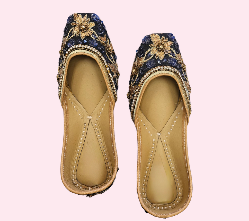 Navy Blue Juttis with Embroidery and Stonework