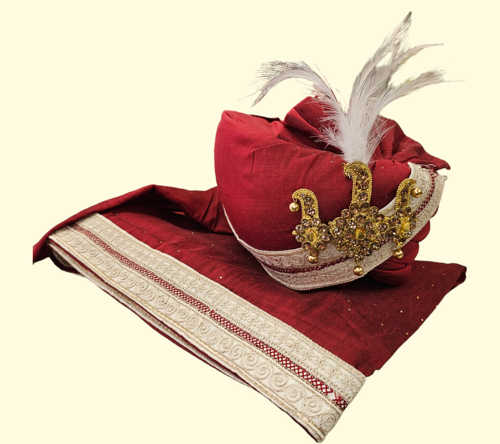 Embellished Red Silk Turban with Stole/Dupatta
