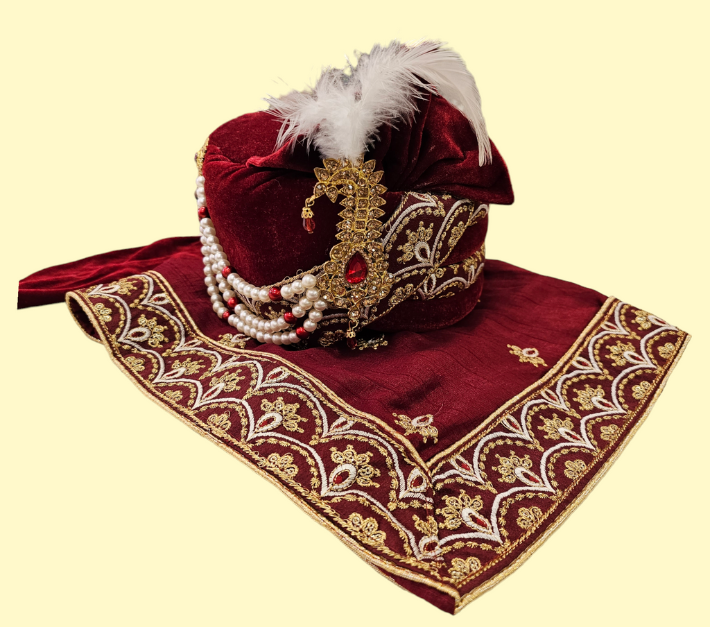 Embellished Red Velvet Turban with Stole/Dupatta