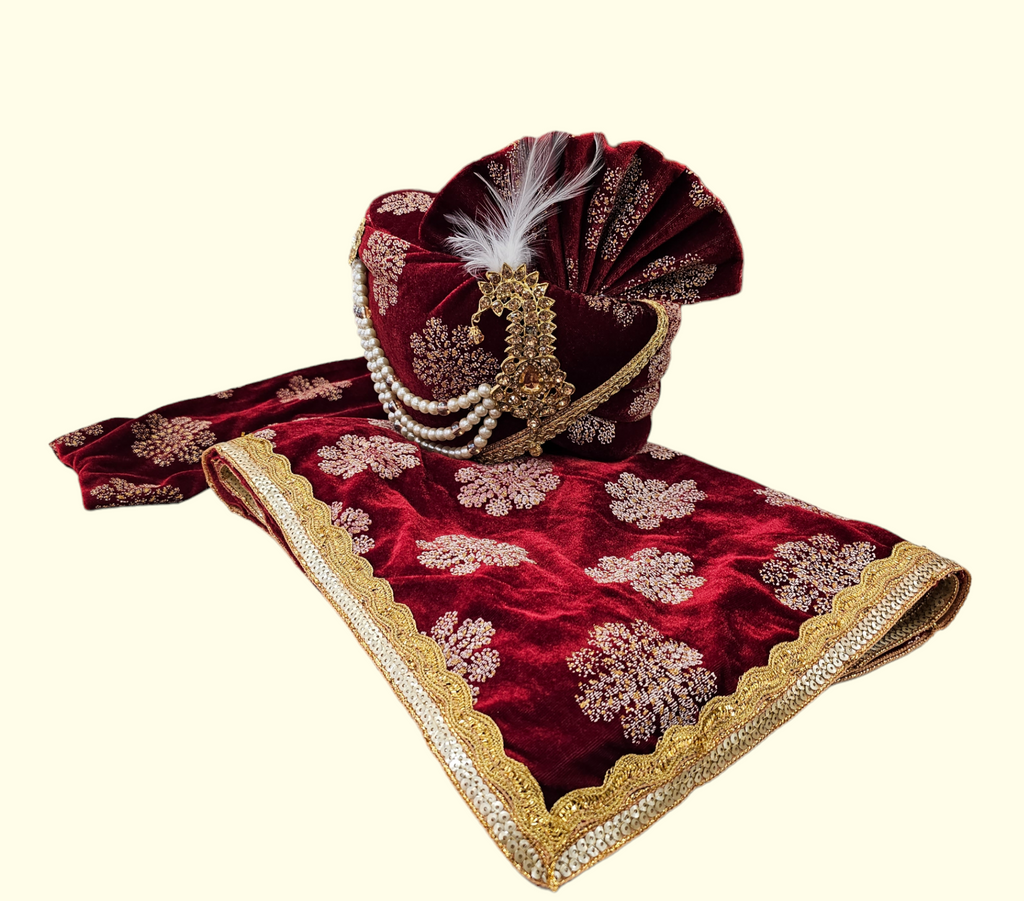 Maroon Velvet Embroidered Turban & Stole/Dupatta with Lace