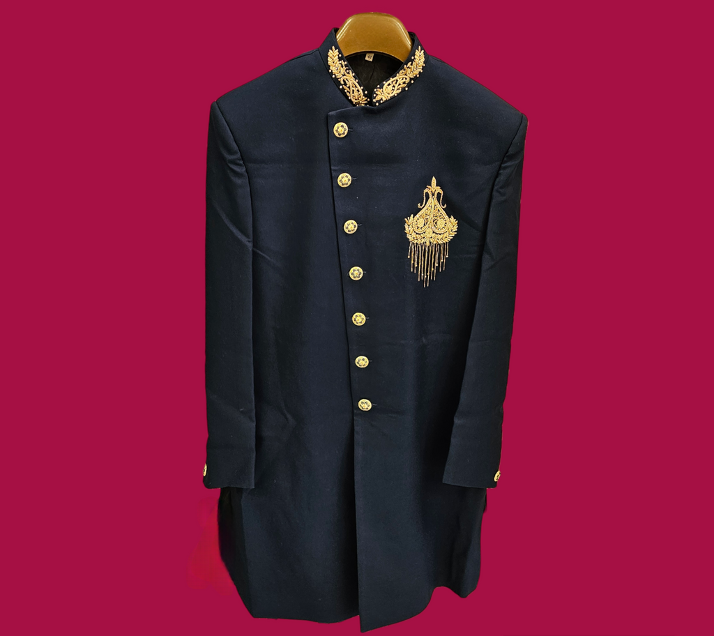 UBMS0015 Navy Blue Sherwani Set with Golden Embroidery on the Neck