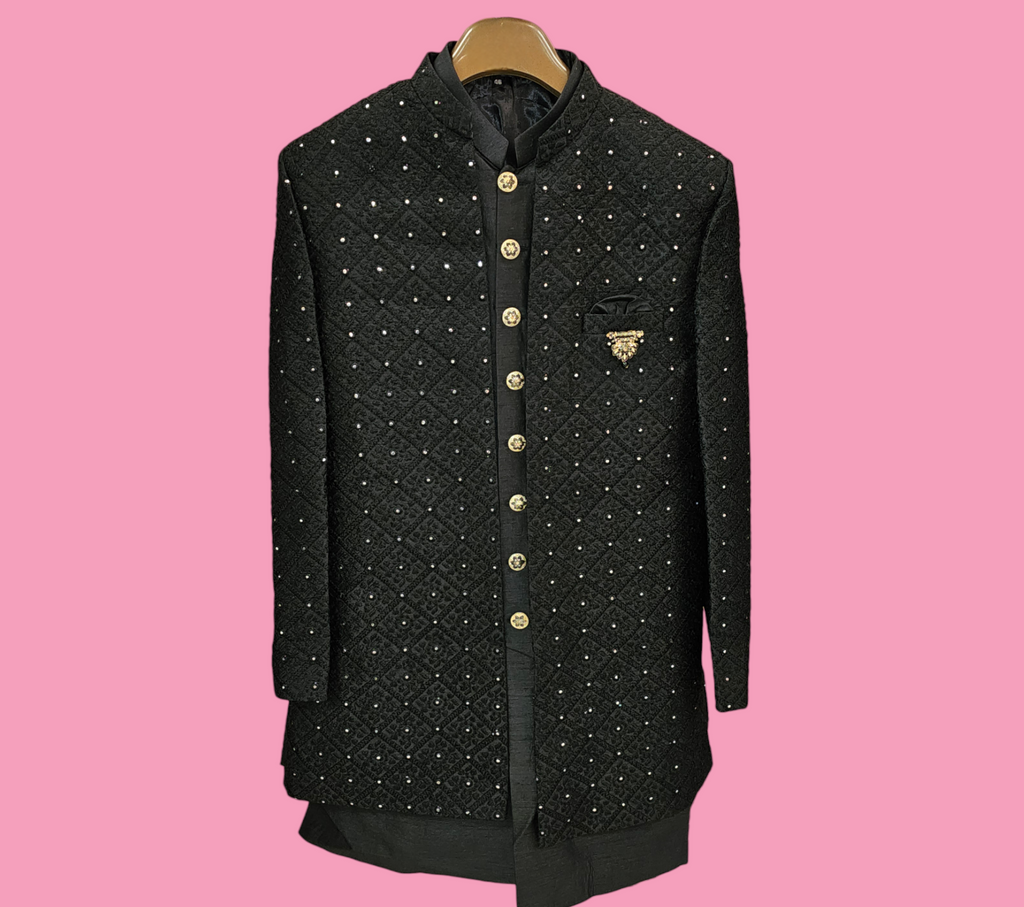 UBMS0012 Black Sherwani Set with Attached Full Embroidery Jacket