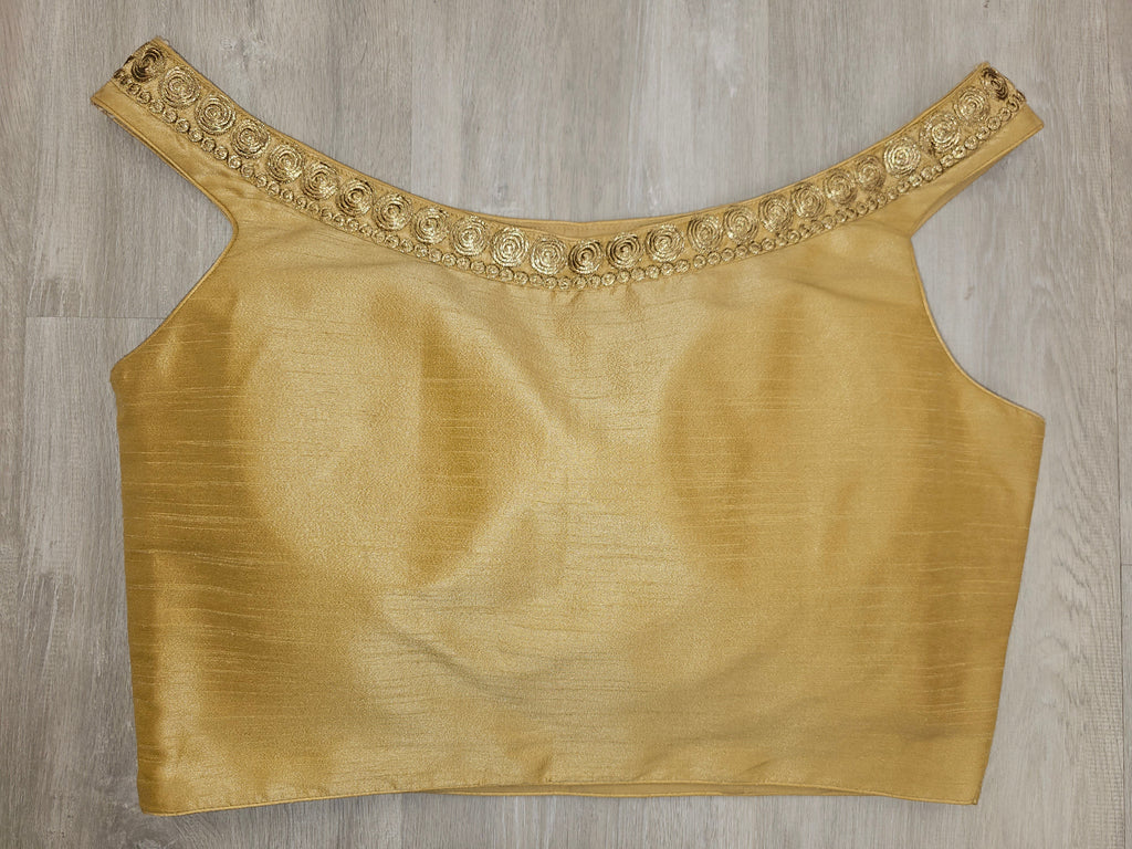 Golden Silk Boatneck Blouse with Embroidery work on Neckline