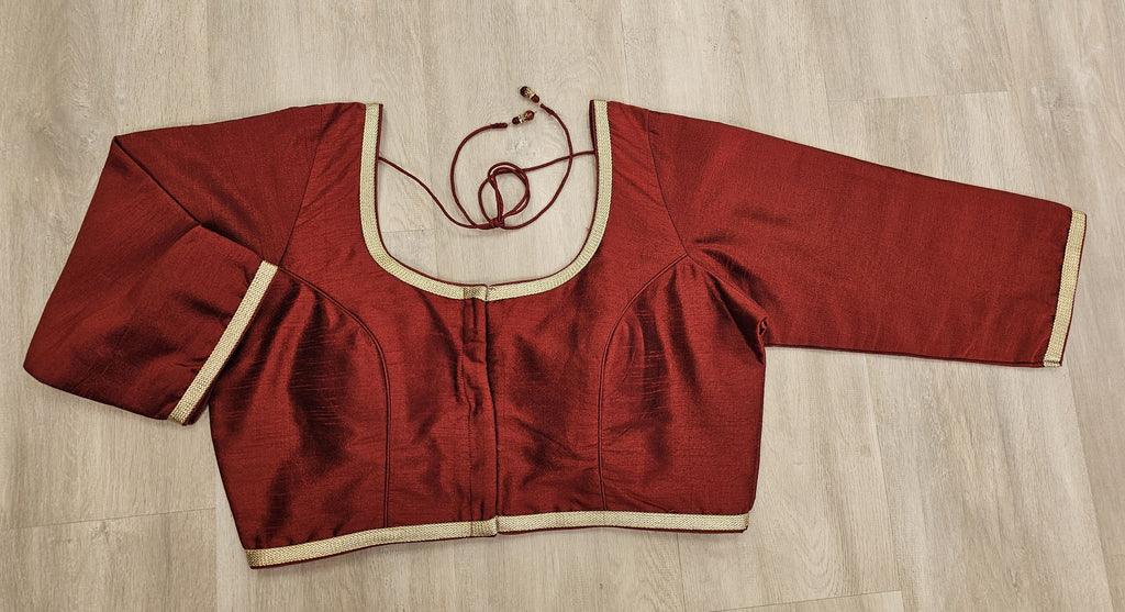Maroon Raw Silk Blouse with Lace and 3/4 Length Sleeves