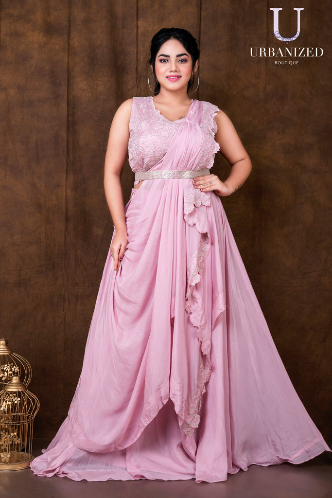 UBWA217128 Light Pink Draped Anarkali Dress